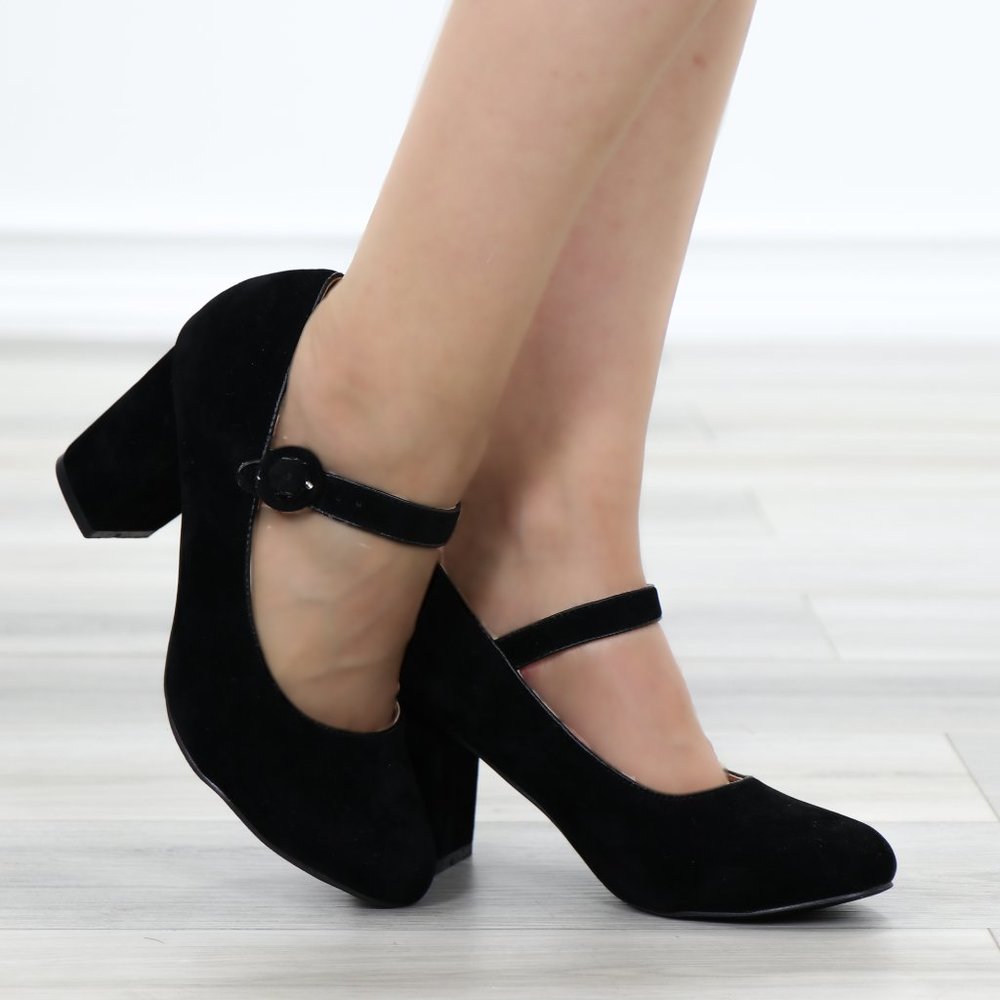 Cute Black Faux Suede Chunky Heel Pumps - Picture 2 of 13